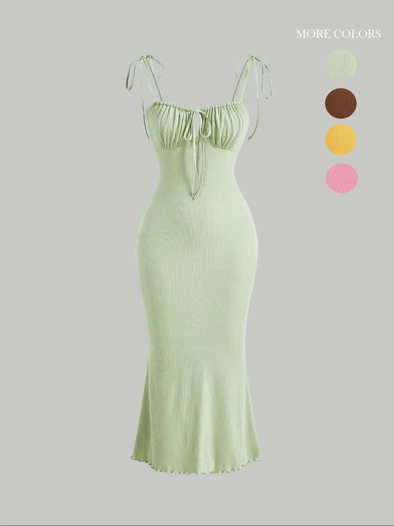 Women's Plain Ruched Lettuce Trim Tie Front Cami Dress, Casual Sleeveless Spaghetti Strap Adjustable Tie Shoulder Long Stretchy Bodycon Dress for Summer, Ladies Clothes for Beach Holiday