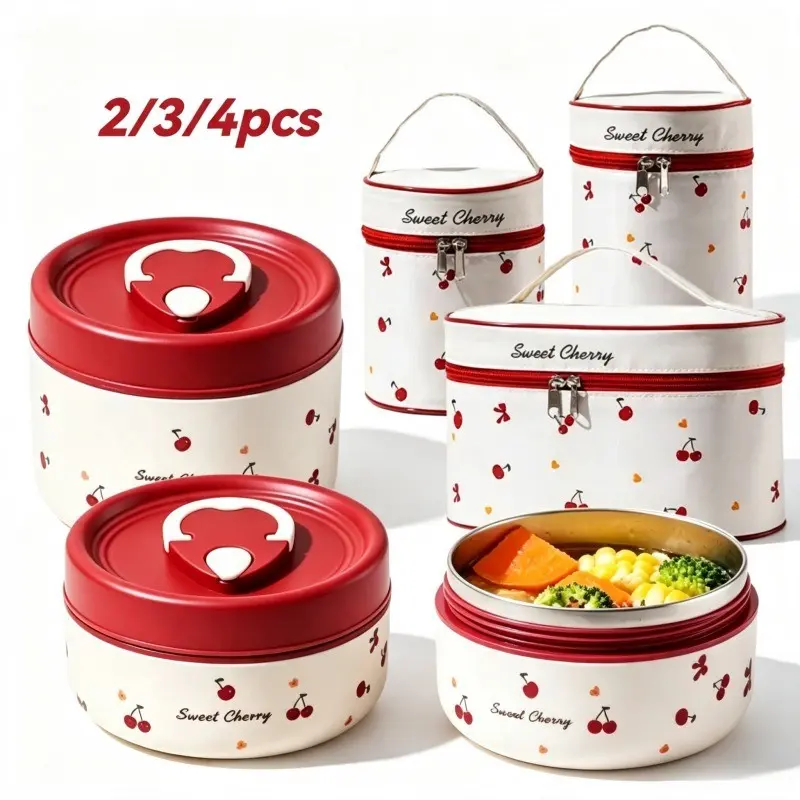 2/3/4Pcs Set Insulated Lunch Box Stackable Bento Box With Bag Kawaii Cute Sweet Cherry Aesthetic Stainless Steel Thermal Food Container Leakproof Wide Mouth Kids School Office Work Meal Prep Back To School