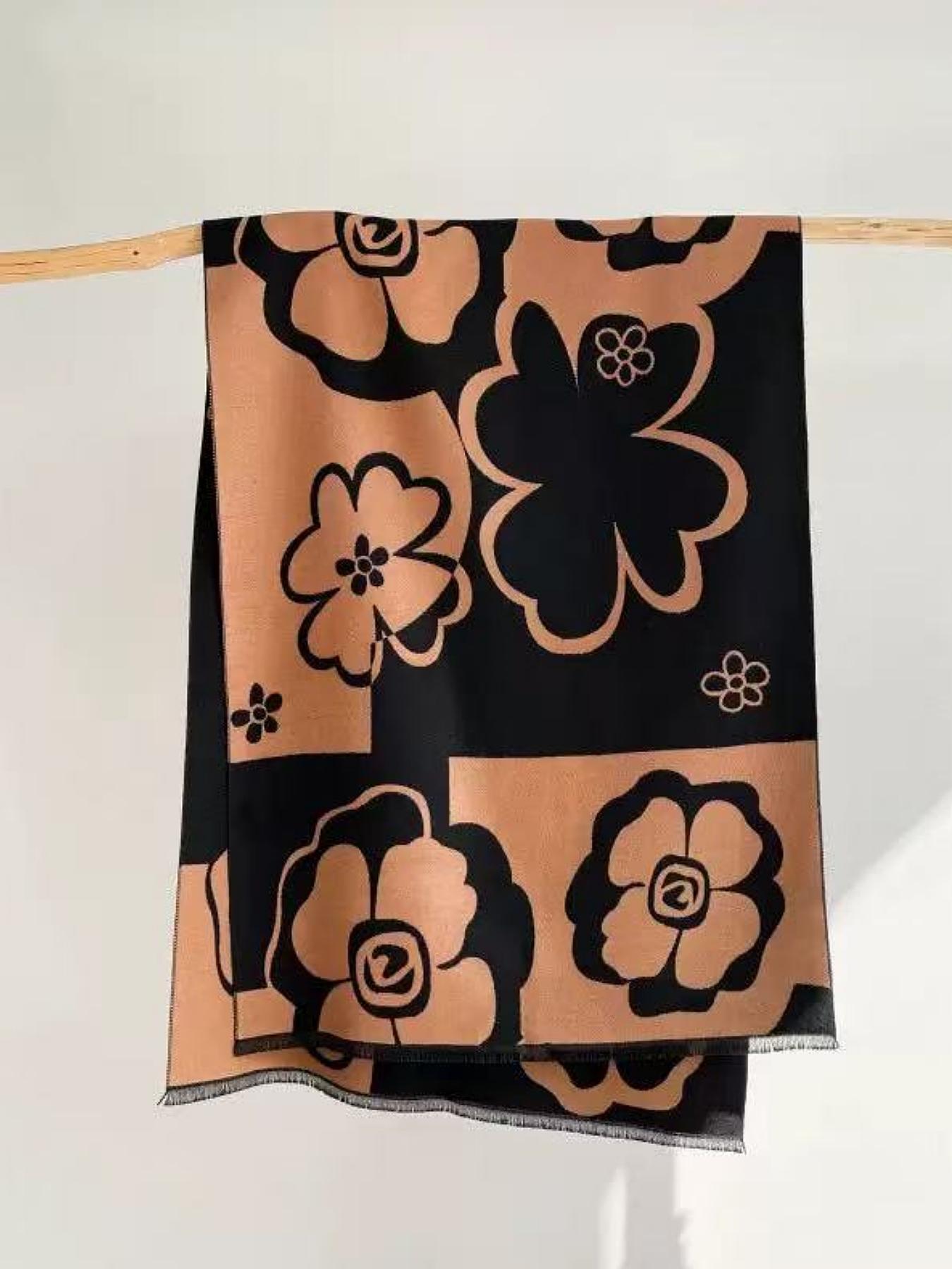 Women's Vintage High-End Plaid Jacquard Knit Scarf, Warm Fashion Accessory for Daily Wear & Air Conditioning Use, Floral Pattern Shawl