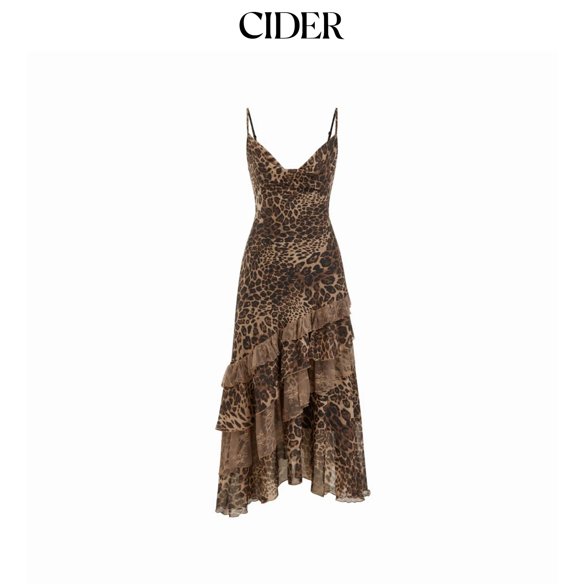 Cider Leopard Cowl Neck Ruffled Asymmetrical Maxi Cami Dress