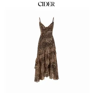 Cider Leopard Cowl Neck Ruffled Asymmetrical Maxi Cami Dress