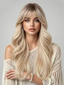 24-Inch Gradient Gold Long Hair Wavy Bangs Fiber Wig, Natural Realistic Heat-Resistant Wig for Daily/party/festival Wear, Synthetic Wigs