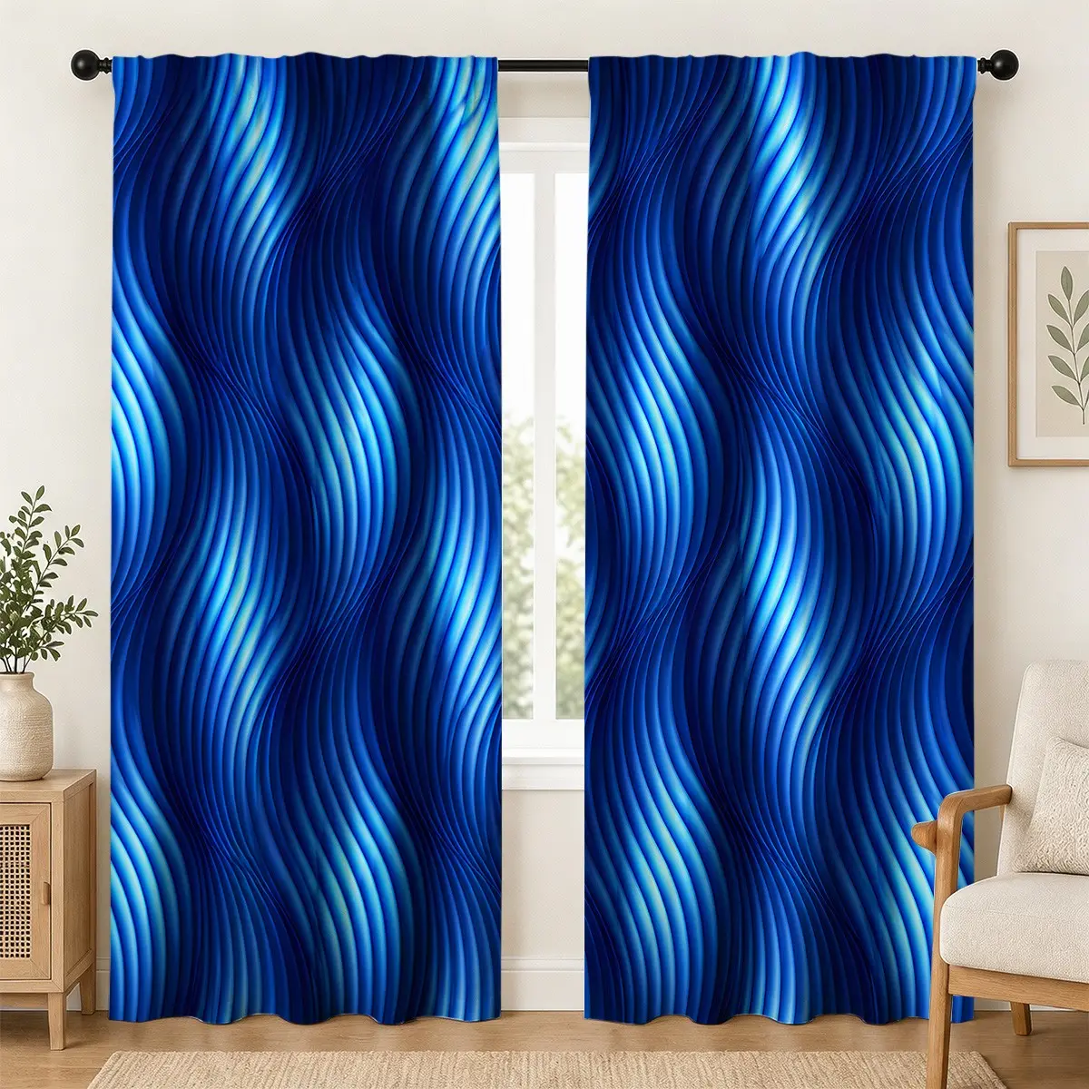 2D Gradient Blue Wave Printed Curtains 2 Panels, Abstract Wavy Line Washable Polyester Window Curtains