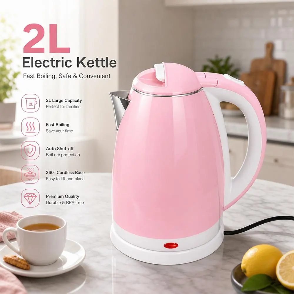 【Fall Deals】2L Pink Electric Tea Kettle - Kitchen Appliances, 304 Stainless Steel Food-Grade Interior, 1500W Rapid Boil, Auto Shut-Off, Boil-Dry Protection, 360° Cordless Base, BPA-Free Hot Water Boiler for Kitchen,techvibes