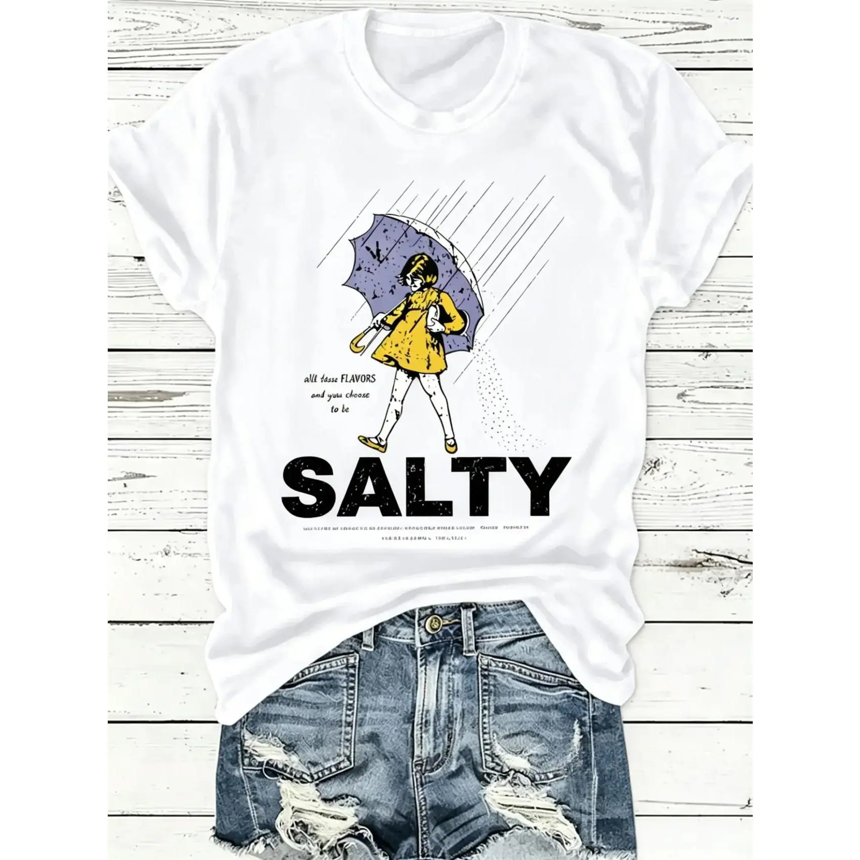 Women's Umbrella & Sality Girl Print Round Neck Tee, Vintage Trendy Casual Lightweight Knit Fitted Short Sleeve T-shirt for Daily Wear, Everyday, Ladies Summer, Top, Womenswear