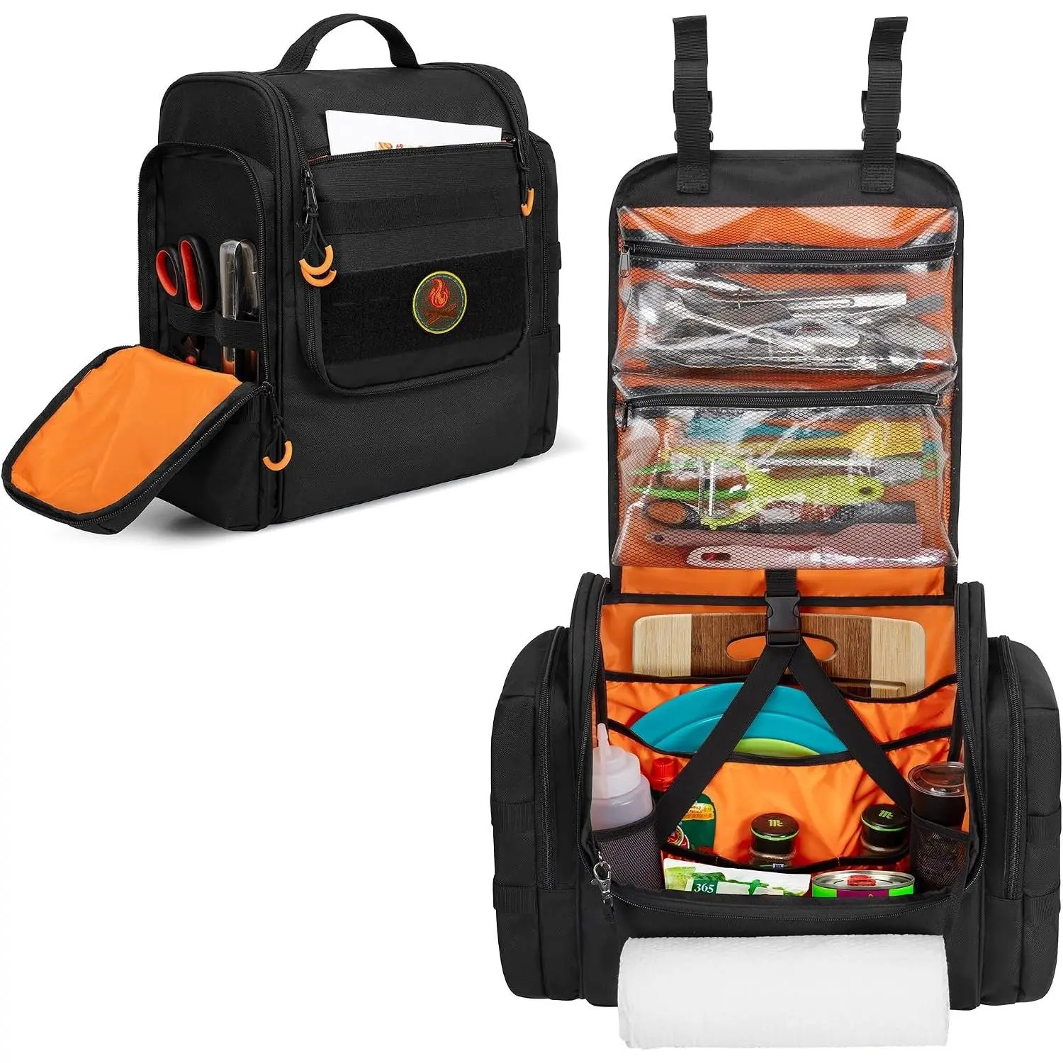 Large Tactical Camping Kitchen Organizer, Hanging Cookware Storage Bag with Paper Towel Holder & Multi Pockets, Portable Camp Utensil Organizer for BBQ Cooking Essentials, Black, Bag Only