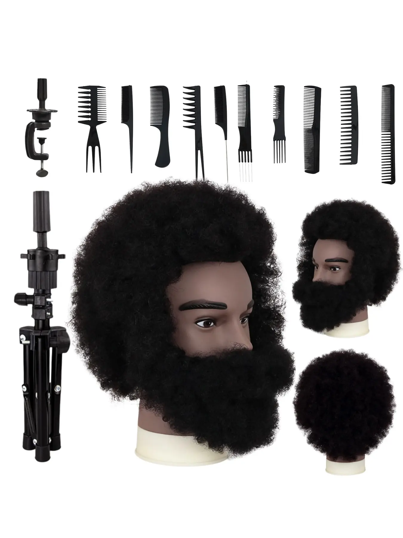 100% Human Hair 6 Inch Afro Kinky Male Mannequin Head With Thick Beard Natural Black Training Manikin Head For Cosmetology School Barber Shop Practice Braids Fades Twist Hairstyles Includes Support Stand Clamp And Hair Styling Comb Pack