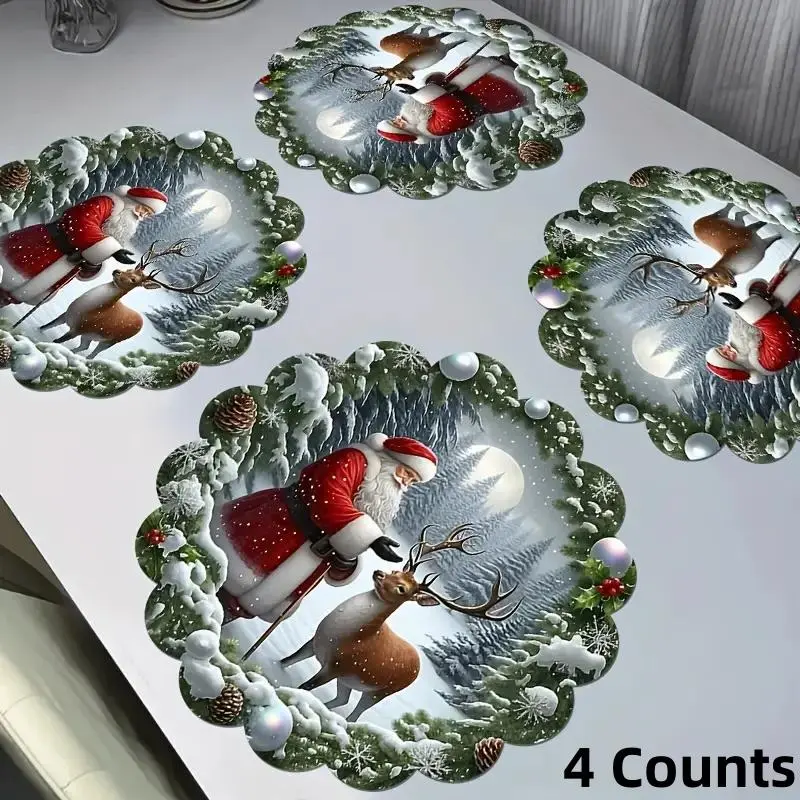 4 Counts Santa Claus and reindeer placemat set for daily dining, festive parties, and banquets - elegant table decoration, restaurant table accessories