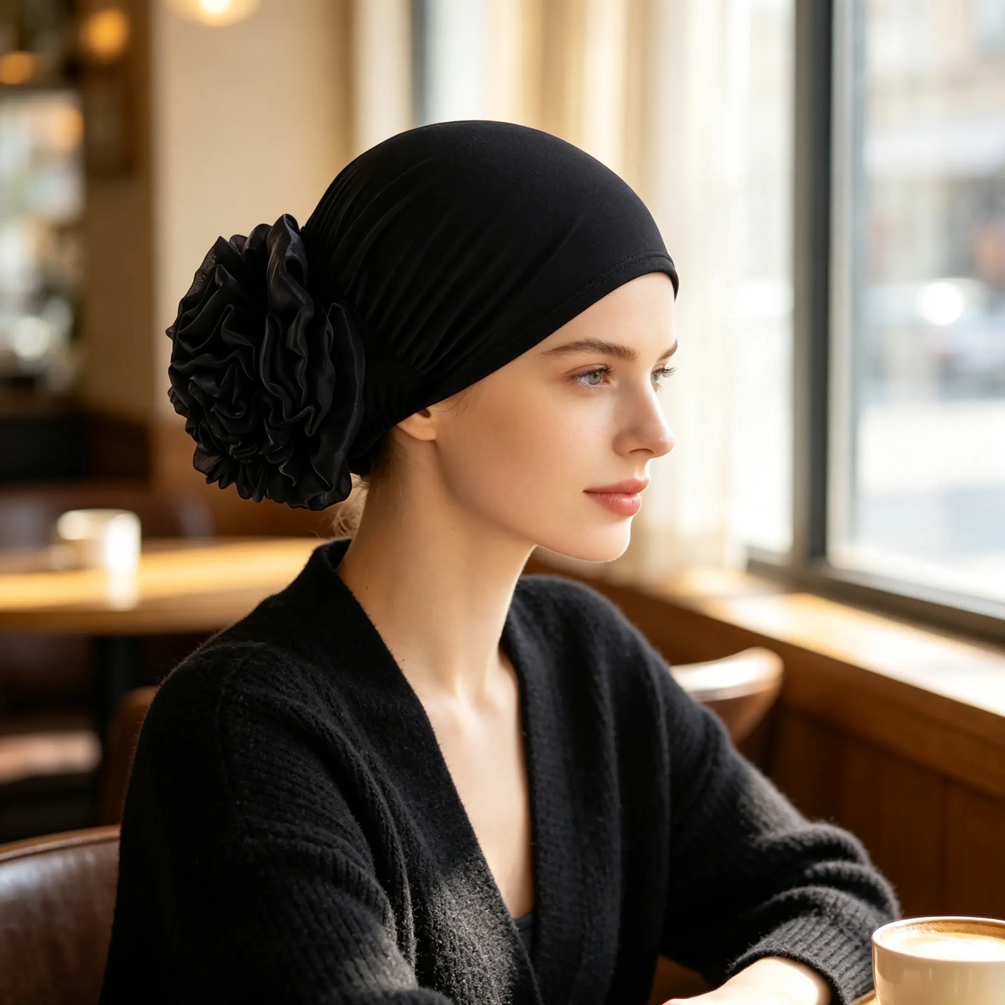 Women’s 3D Flower Turban Hat, Pleated Stretch Head Wrap, Modest Hijab Cap, Soft Chemo Headwear for Hair Loss, Fashion Floral Head Cover for Daily Spa Travel