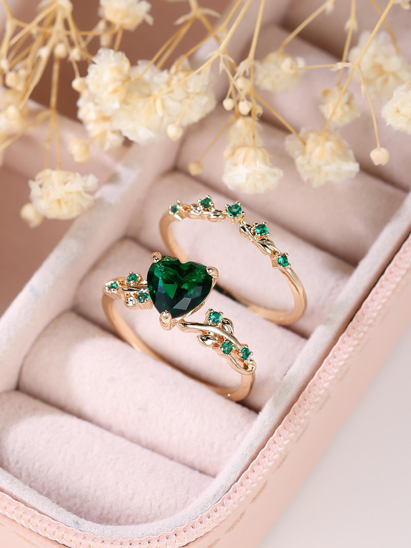 2pcs/set Women's Elegant Artificial Gemstone Decorated Heart Design Ring, Fashion Jewelry For Women & Girls, All-match Accessory, Heart Cluster Ring