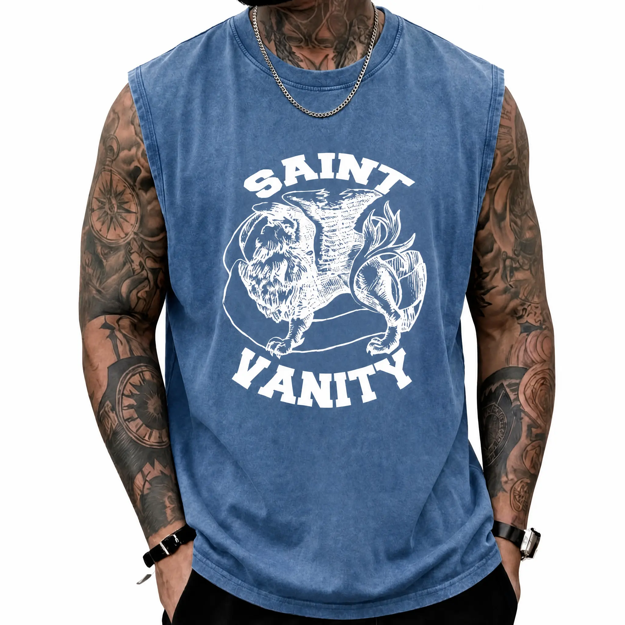 Saint Vanity Winged Lion Graphic Tank Top Vintage Acid Wash Heavyweight Cotton Crewneck Sleeveless Muscle Tee Casual Loose Fit Gothic Mythological Streetwear Apparel Vest