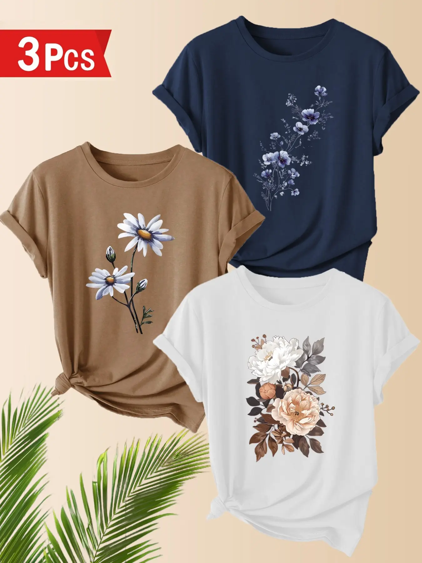 3-Pack Women's Casual T-Shirts, Floral Print, Polyester, Round Neck, Short Sleeve, Comfortable for Spring & Summer