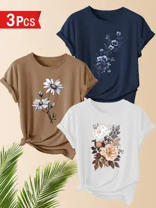 3-Pack Women's Casual T-Shirts, Floral Print, Polyester, Round Neck, Short Sleeve, Comfortable for Spring & Summer
