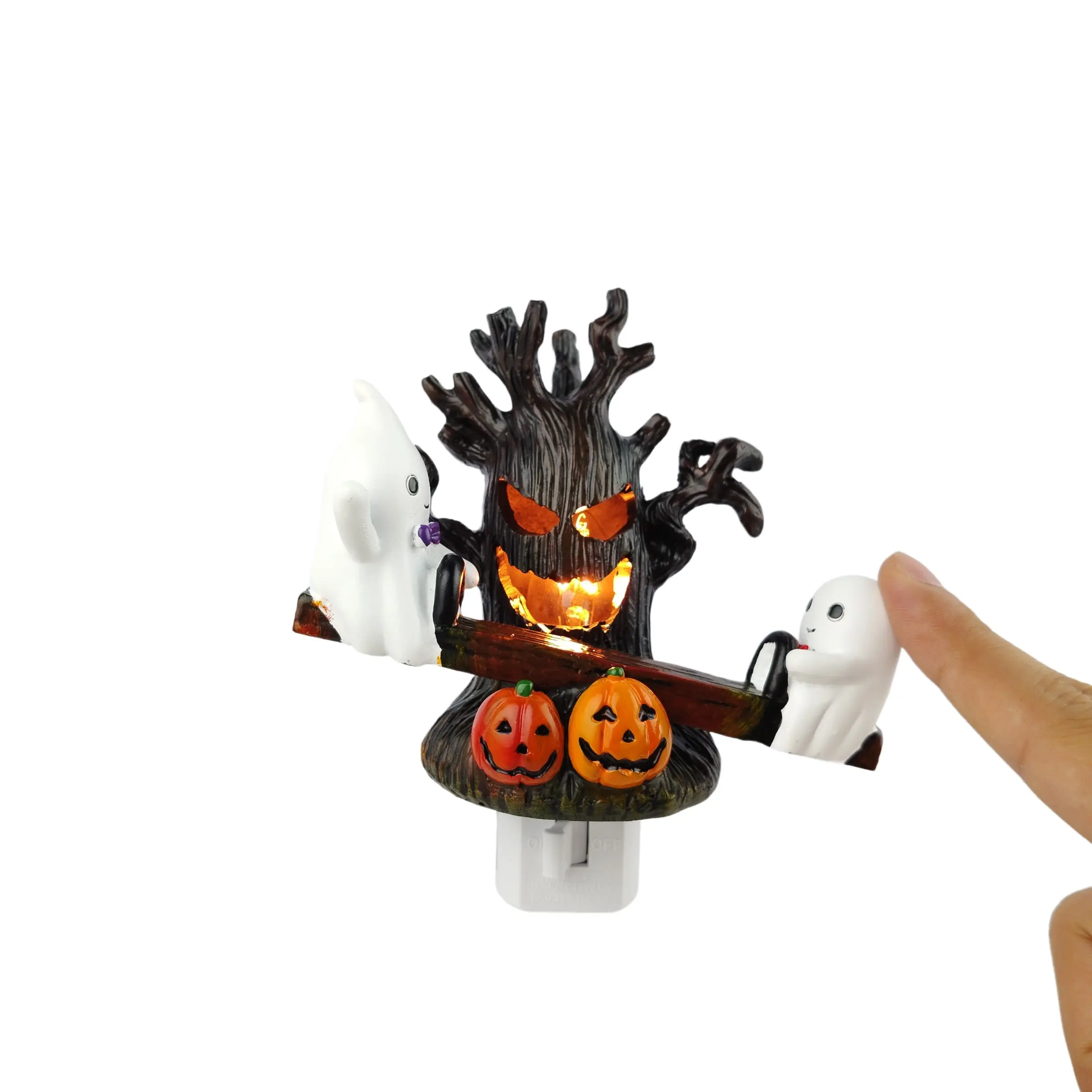 Friendly Ghosts Move up and Down for Playful Festive Halloween Charm, Animated Movement Seesaw Ghost Night Light, Manual Operation Press Rocker Plug in Resin Material Wall Decor Glowing Design Tree Face Pumpkin Bedroom