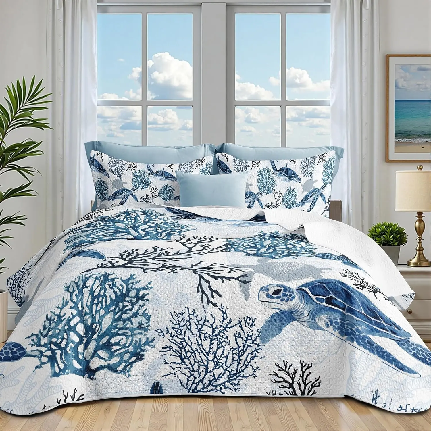 Coastal Bedding California King Size Coastal Quilt with 2 Shams, Nautical Beach Comforter Sets Ocean Bedspreads Blue Seaturtle Coverlet Summer Bedding, 106''x118''