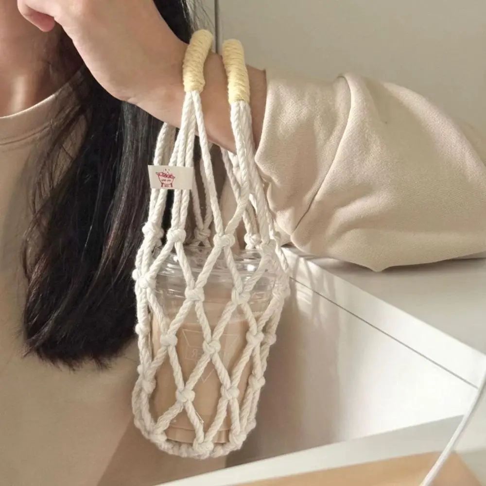 1 Pc Handwoven Cotton Macrame Cup Holder, Portable Reusable Mesh Drink Carrier Tote Bag for Coffee Cups, Bubble Tea & Water Bottles, Lightweight Outdoor Accessory for Daily Travel, Picnics and Casual Outdoor Outings, Tumbler, Mug, Plastic, Sturdy, Disposa