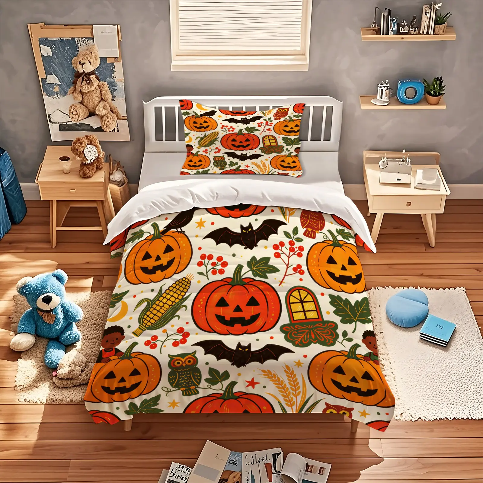 2/3pcs Chinese Folk Harvest Halloween Pumpkin Print Duvet Cover Set, Breathable Washable Fabric, Unique Autumn Xmas Bedding For Dorm Bedroom (No Comforter & Pillow Inserts)