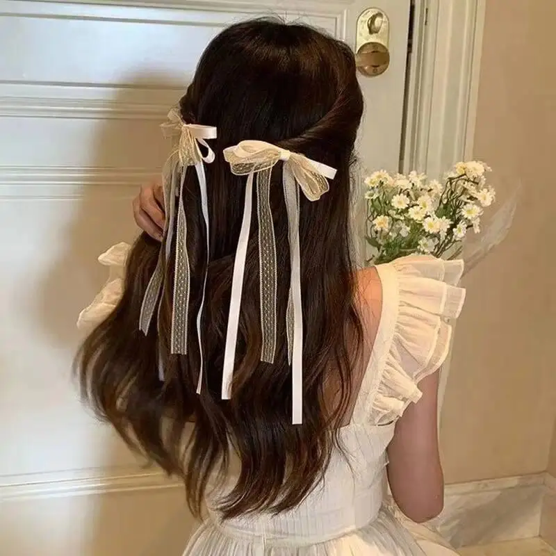 Korean Lace Bow Hair Clip Trendy Long Ribbon Tie Hair Pin Barrettes Headband For Women Girl Braided Wedding Hair Accessories