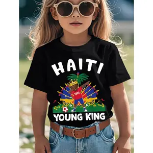 Boys & Girls Haitian Flag Day T-Shirt - Soft Breathable Kids Top with Young King/Haitian Flag Design, Short Sleeve Round Neck Casual Shirt for Birthday Party Outfit, Cultural Apparel for Black Boys & Girls, Easy-Care Parent-Favorite Clothing