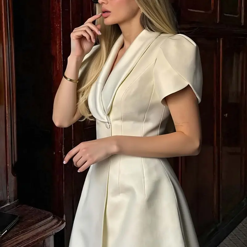 Women V‑Contrast Lapel Mini Dress Puff Short Sleeve Single Button Bodycon Blazer Dress Elegant Party Cocktail Dresses