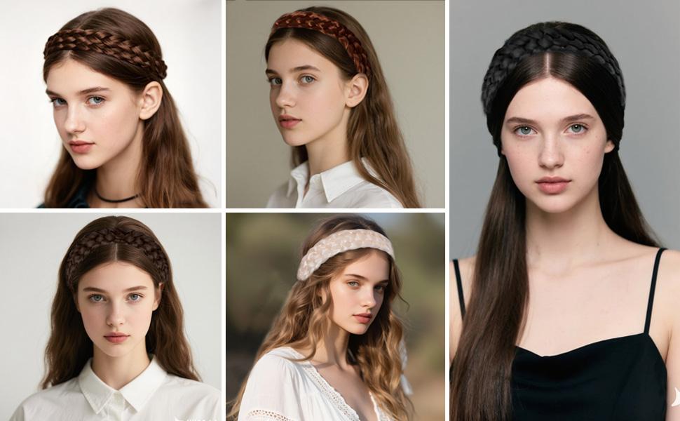 Hairband - 5 Strands Synthetic Braid Headband, Stretch Elastic Chunky Wide Plaited Hair Braids Band, Braided Headband for Women Girls, Brown, 1 Pack