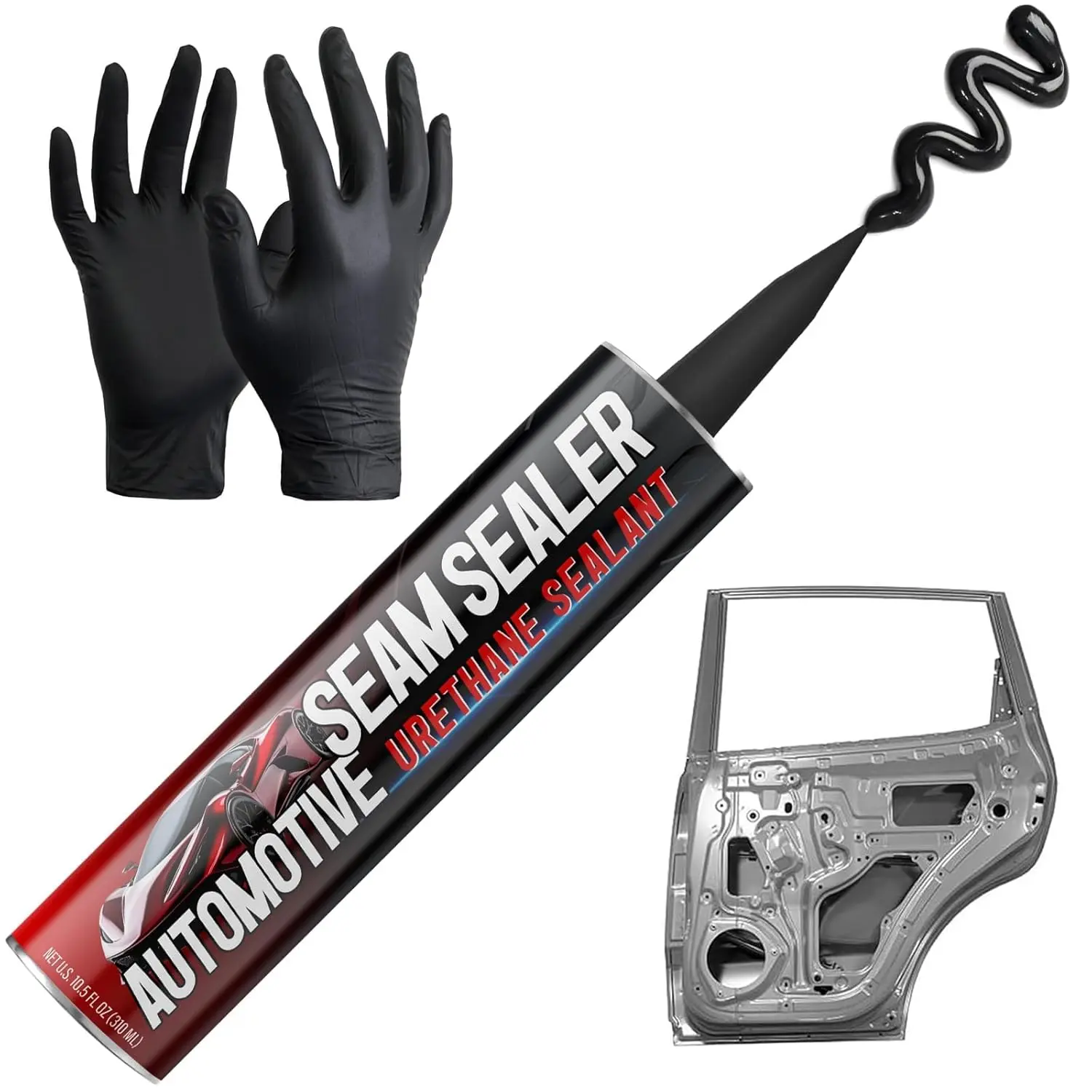 Seam Sealer Automotive Black, Paintable  Auto  Sealant | Quick-Cure Urethane for  Metal Panels,  Beds, RV Roofs - Heavy Duty Kit with Gloves & Applicator, 10.5 oz