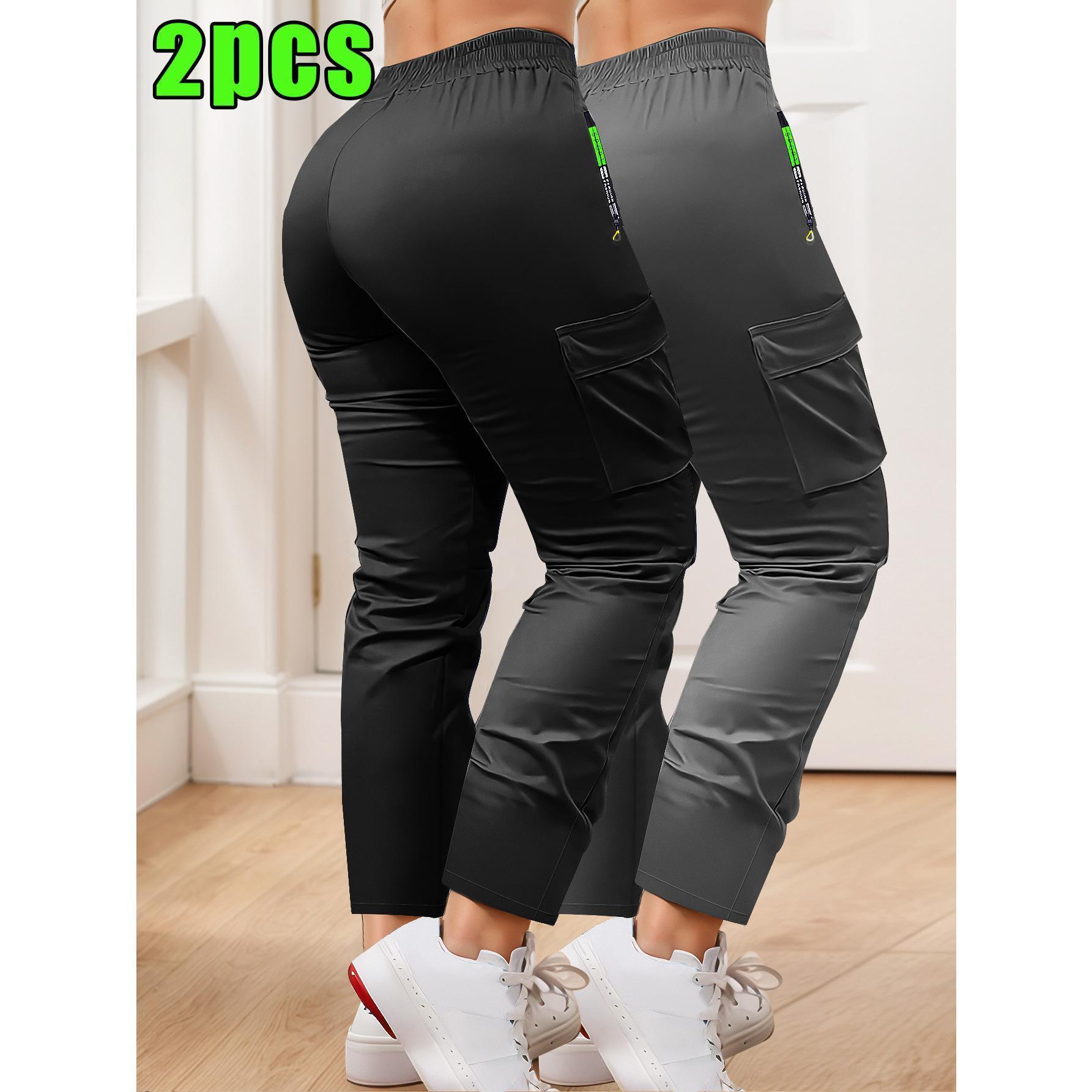 Ladies' 2-pack multi pocket workwear casual sports pants Drawstring elastic waist zipper pocket outdoor hiking pants Lightweight, breathable, loose fitting, ankle binding fitness running pants