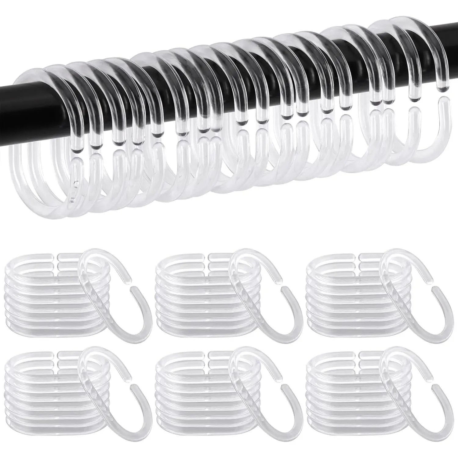 48 count Shower Curtain Rings, C Shaped Clear Plastic Curtain Hooks for Bathroom