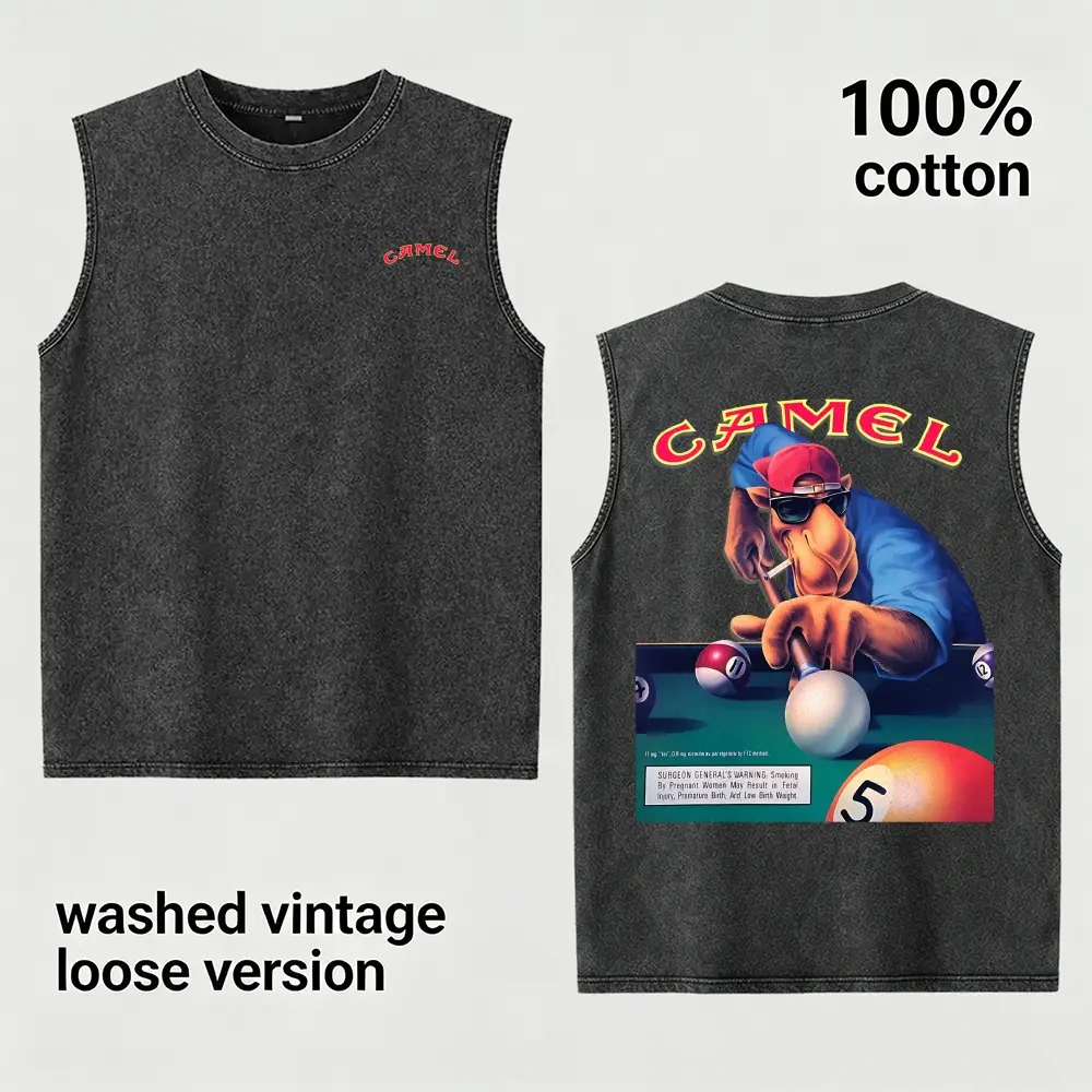 Men's Vintage Washed Sleeveless Tank Top 100% Cotton Loose Fit Front Small Logo Back Cool  Playing Billiards Graphic Retro Streetwear Vest