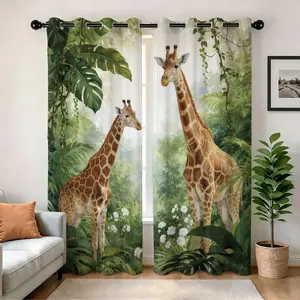 1 Pair Digital Print Semi-Blackout Pair Curtain, Rainforest Giraffe Pattern, 250gsm Semi-sheer Punch Hole Polyester Curtain, Clear Print, Home Hotel Birthday Holiday Gift