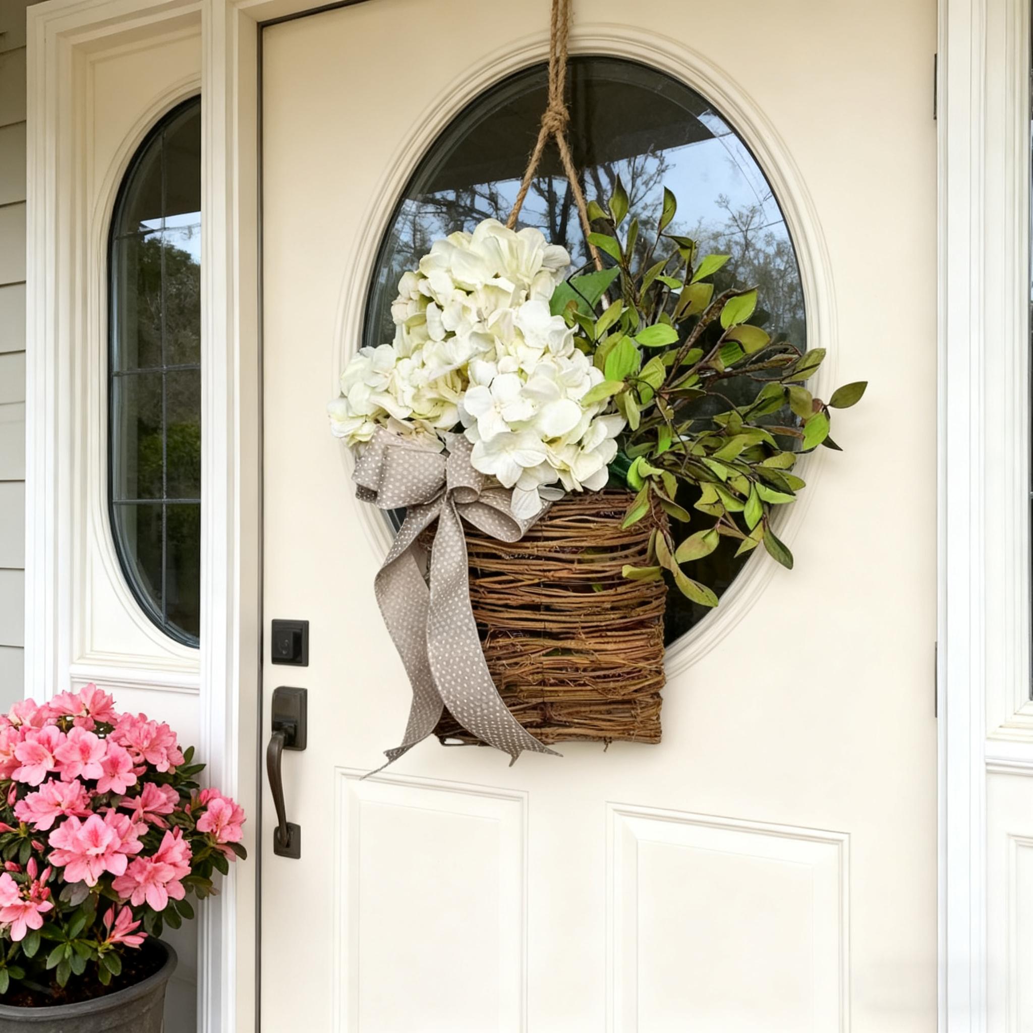 14" Cream Hydrangea Door Basket Wreath - Modern Farmhouse Floral Hanger for Front Door, Porch & Spring/Summer Aesthetic Home Decor Artificial Flower Bouquet Artificial Plants