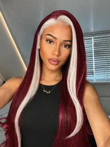 26 Inch Long Length Red And Blonde Straight Synthetic Lace Front Design Wigs Natural Hairline Wine Red And Honey Blonde Skunk Stripe Wigs Middle Parting Heat Resistant Fiber Hair Glueless Frontal Wigs Premium Synthetic Wigs Artificial Wig