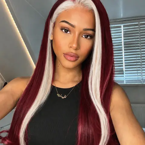 26 Inch Long Length Red And Blonde Straight Synthetic Lace Front Design Wigs Natural Hairline Wine Red And Honey Blonde Skunk Stripe Wigs Middle Parting Heat Resistant Fiber Hair Glueless Frontal Wigs No Glue Wig Premium Synthetic Wigs