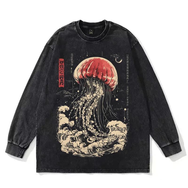 Kyn Apparel Oversize Vintage Man Cotton T-Shirts Swimming Colorful Jellyfish Print Mens Short Sleeve Japanese Harajuku O-Neck Tops All-math