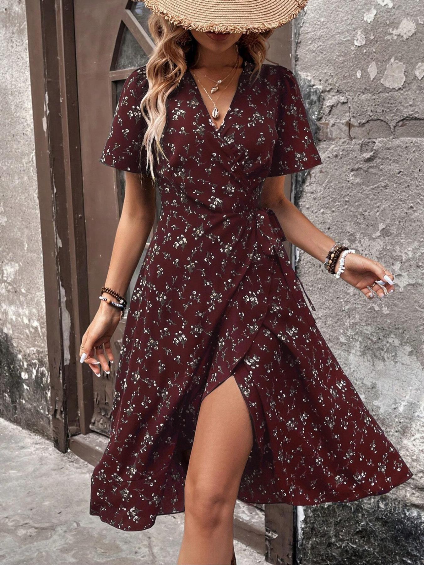 Women's Summer Floral Print Wrap Dress, Side Tie Design, Ruffle Hem, Fitted Midi Dress, Boho Style, Casual Wear, Short Sleeve, Ditsy Floral Pattern