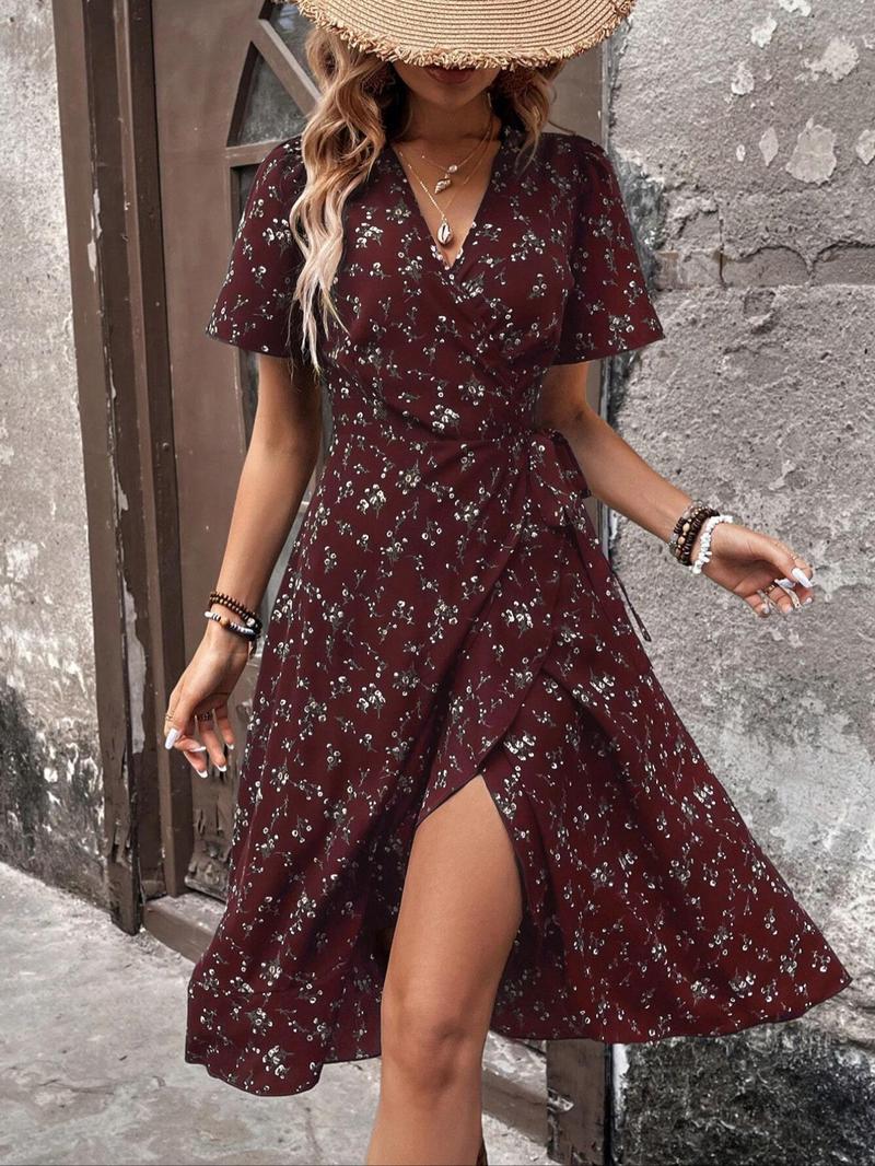 Women's Ditsy Floral Print Tie Side Wrap V Neck A Line Dress, Boho Fashion Butterfly Sleeve Midi Dress for Daily Holiday Vacation Wear, Ladies Dress for Summer
