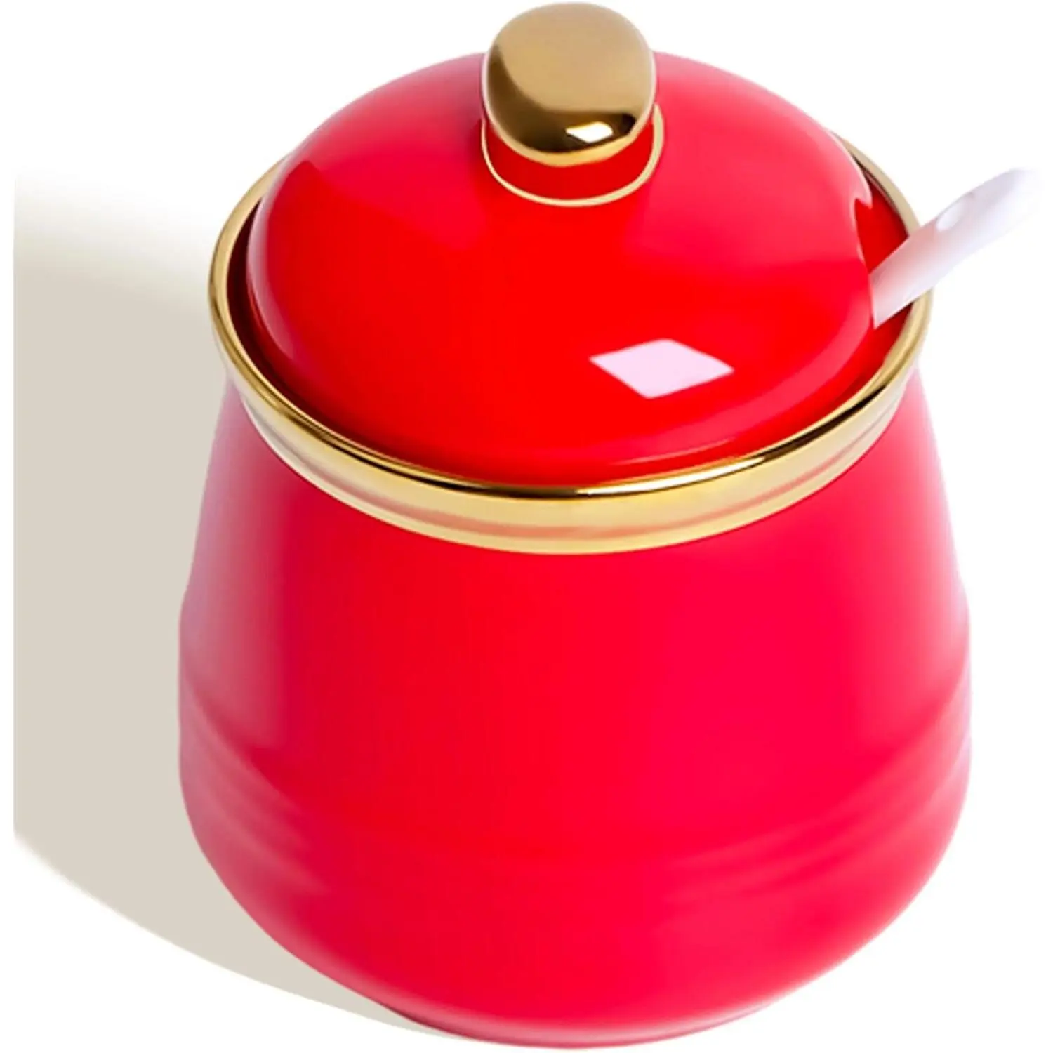 12oz Sugar Bowl with Lid and Spoon Simple Ceramic Sugar Jar Container Sugar Dispenser Coffee Bar Accessories Modern Kitchen Countertop Canisters Red