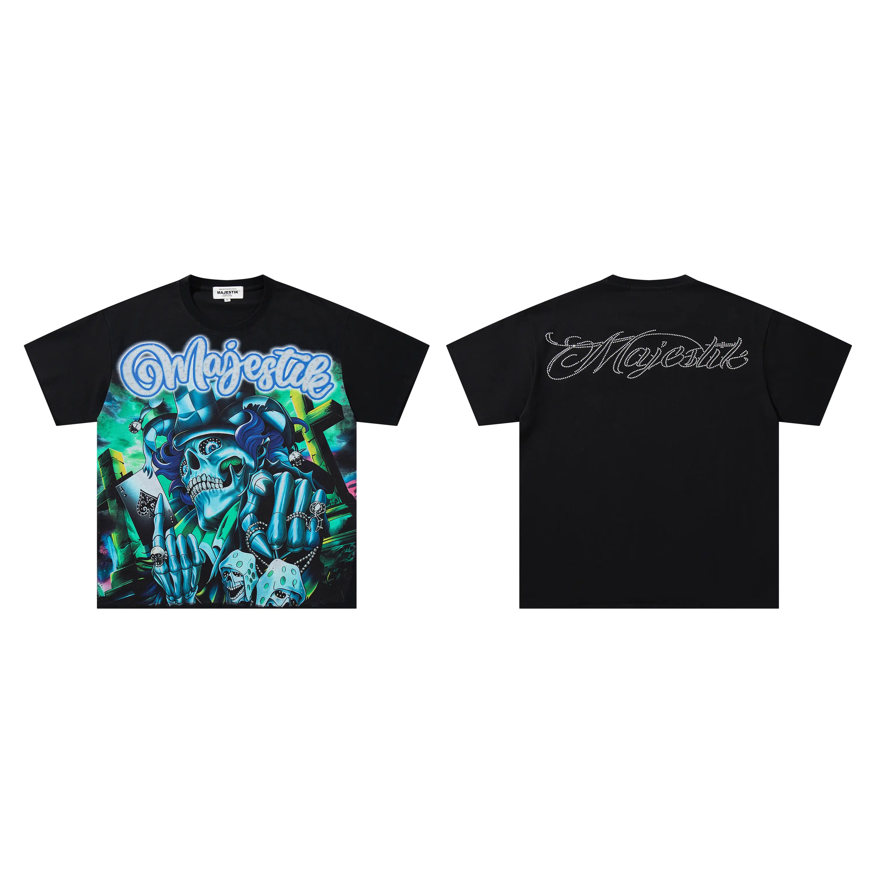 Men's Skull Graphic T-Shirt - Heavy Cotton, Rhinestone Bling, Hip-Hop Korean Streetwear, Dual-Sided, Relaxed Fit Short-Sleeve, Durable, Fade-Resistant, Chic Classic Tops