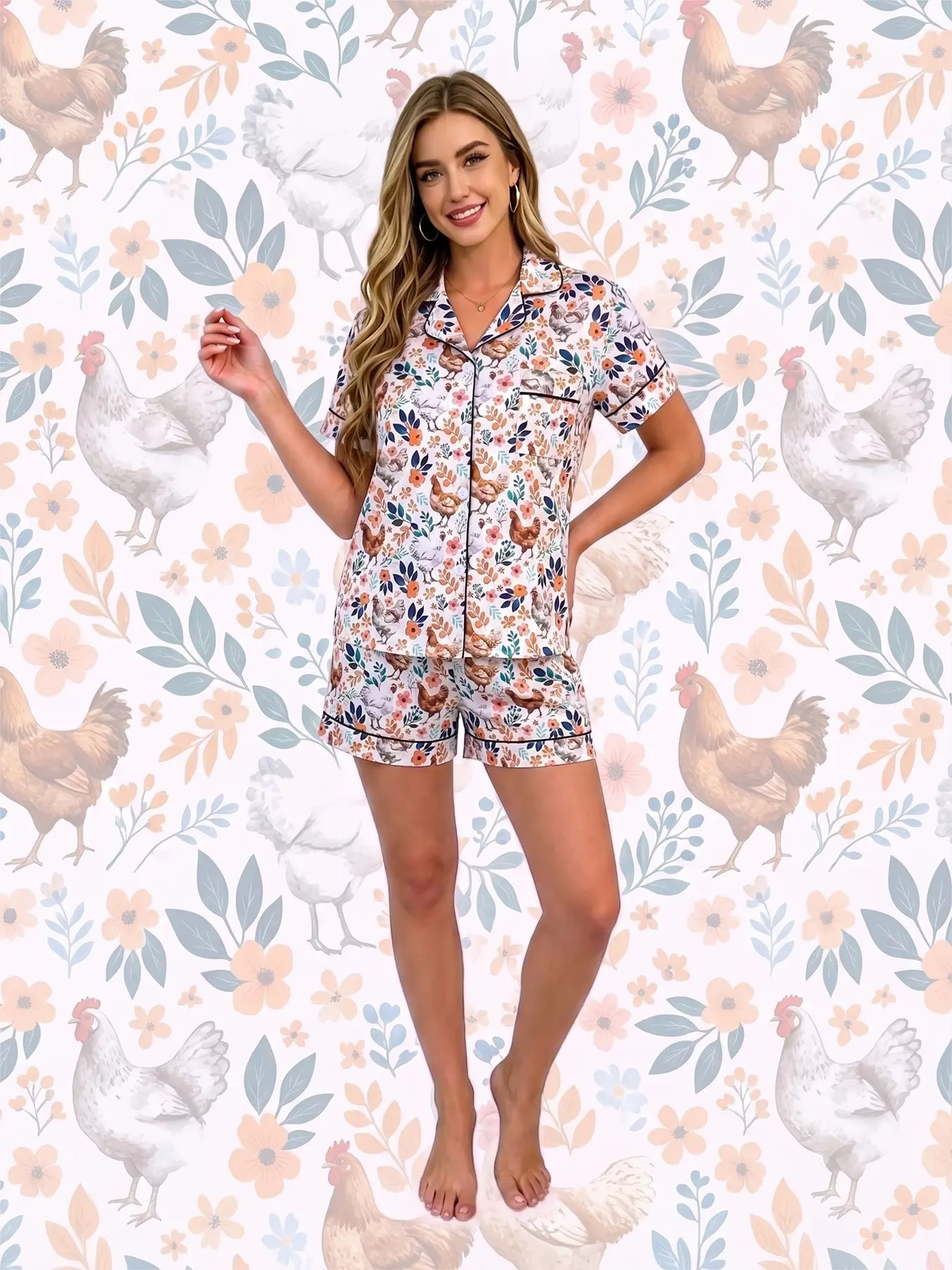 Women's 2-Piece Country Farm Pajama Set, White Base With Black Piping, Allover Chicken & Floral Plant Print Loungewear, Notch Collar Short Sleeve Top With Chest Pocket & Elastic Waist Shorts, Soft Comfortable All Season Daily Casual Sleepwear Pjs