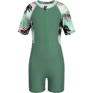 Girls Rash Guard Swimsuit One Piece Short Sleeve Front Zipper Swimwear UPF 50+ Bathing Suits 4-16Y(Gift)