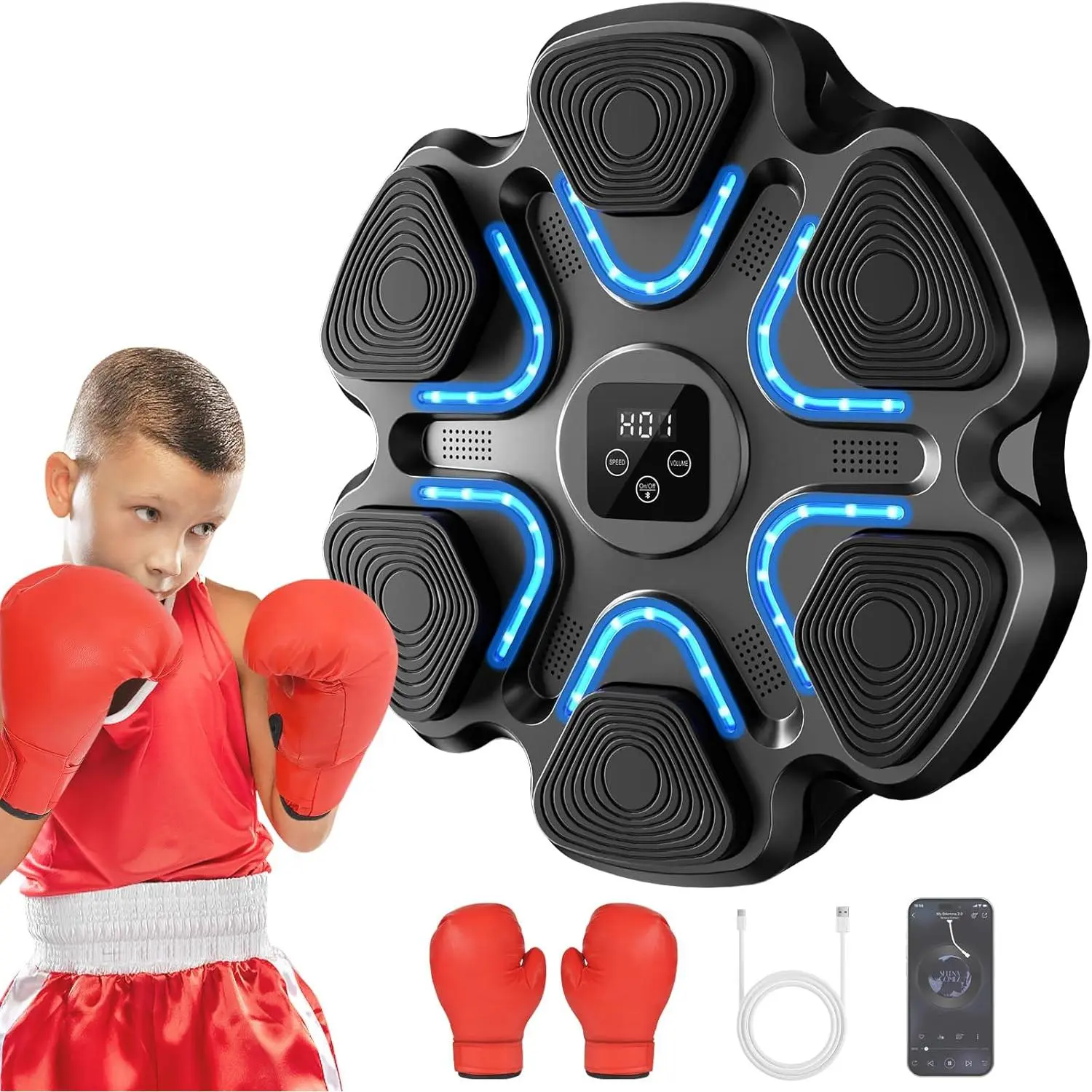 Music Boxing Machine, Interactive Punching Trainer with Boxing Gloves, Large Size Wall Mounted Electronic Boxing Target for Adult Kids, 9 Modes & 9 Speeds