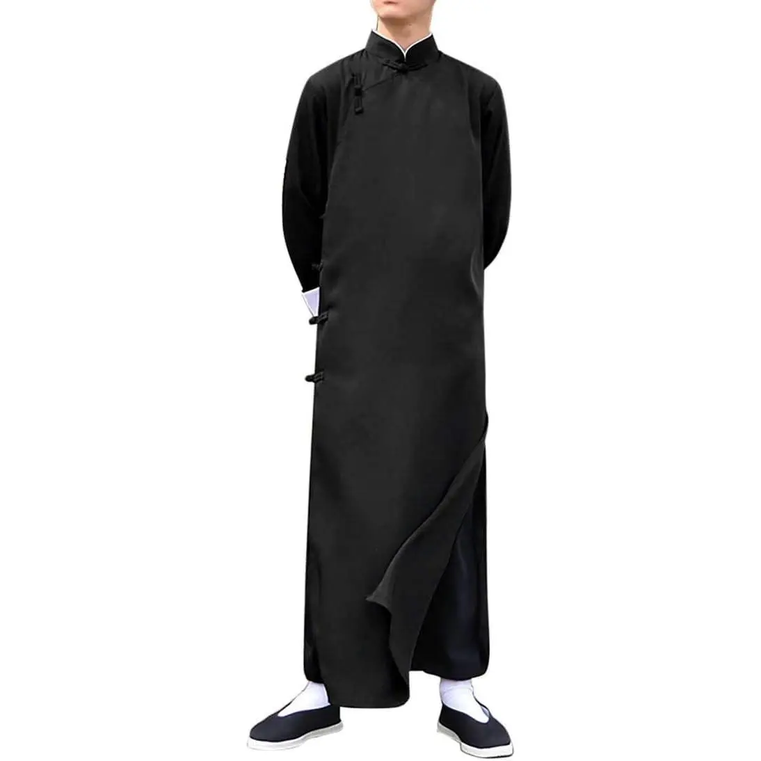 Men's Cotton Linen Kung Fu Suit Chinese Martial Arts Uniform Meditation Suit Roll-Up Sleeve Frog Button Shirt Pants Outfit (Only Robe-Black, XL)