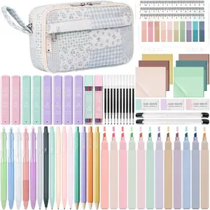 62 count Aesthetic School Supplies with Quilted Pencil Case, Pastel Highlighters, Gel Pens Mechanical Pencils Set, Cute  to School Supplies, College Essentials (Green Blue Patchwork, M)