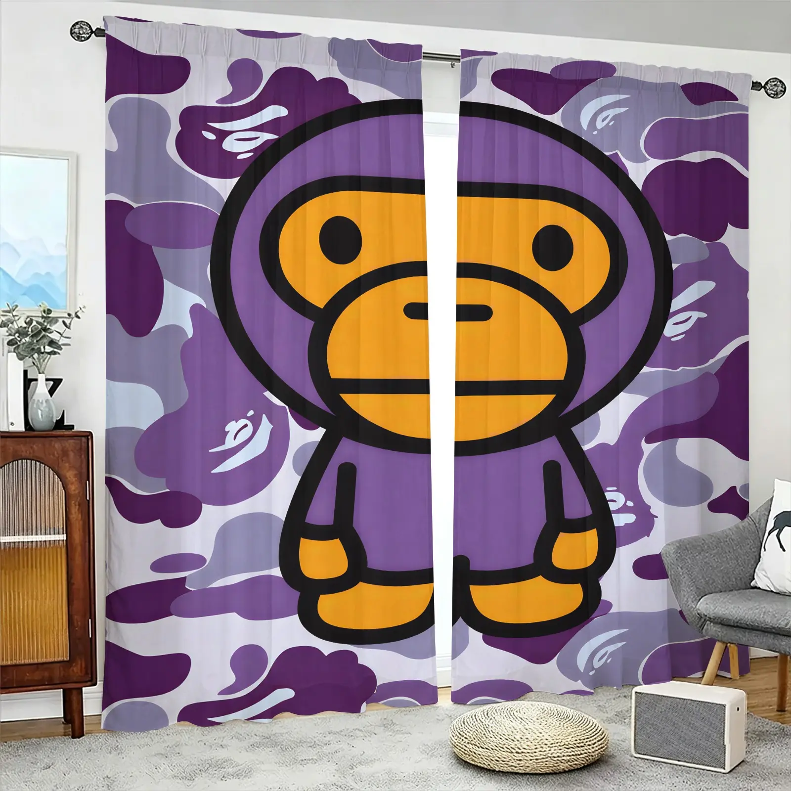 Street Trendy Style Purple Camo & Cartoon Monkey Curtains-Two-Piece Rod Pocket Design No Drilling Easy Install-Privacy Blocking Decorative Drapes-Teenage Boy Girl Bedroom/Gaming Room Decoration Home Decoration Curtain