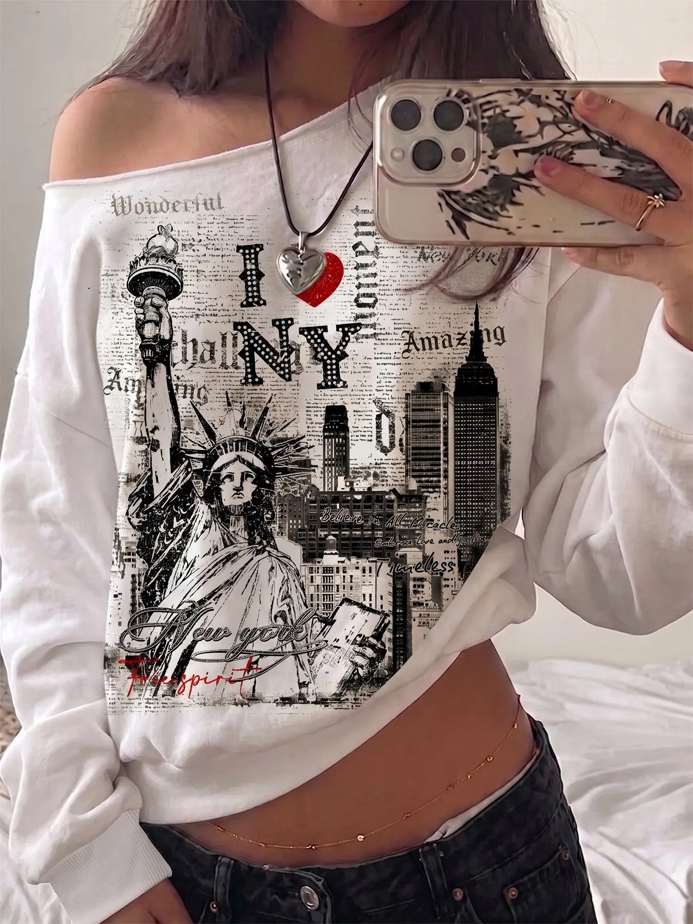 Women's Fall Winter Fleece Lined Thick Hoodie, New York Statue of Liberty Print, Casual Streetwear, Trendy Fashion, Sport Leisure Style