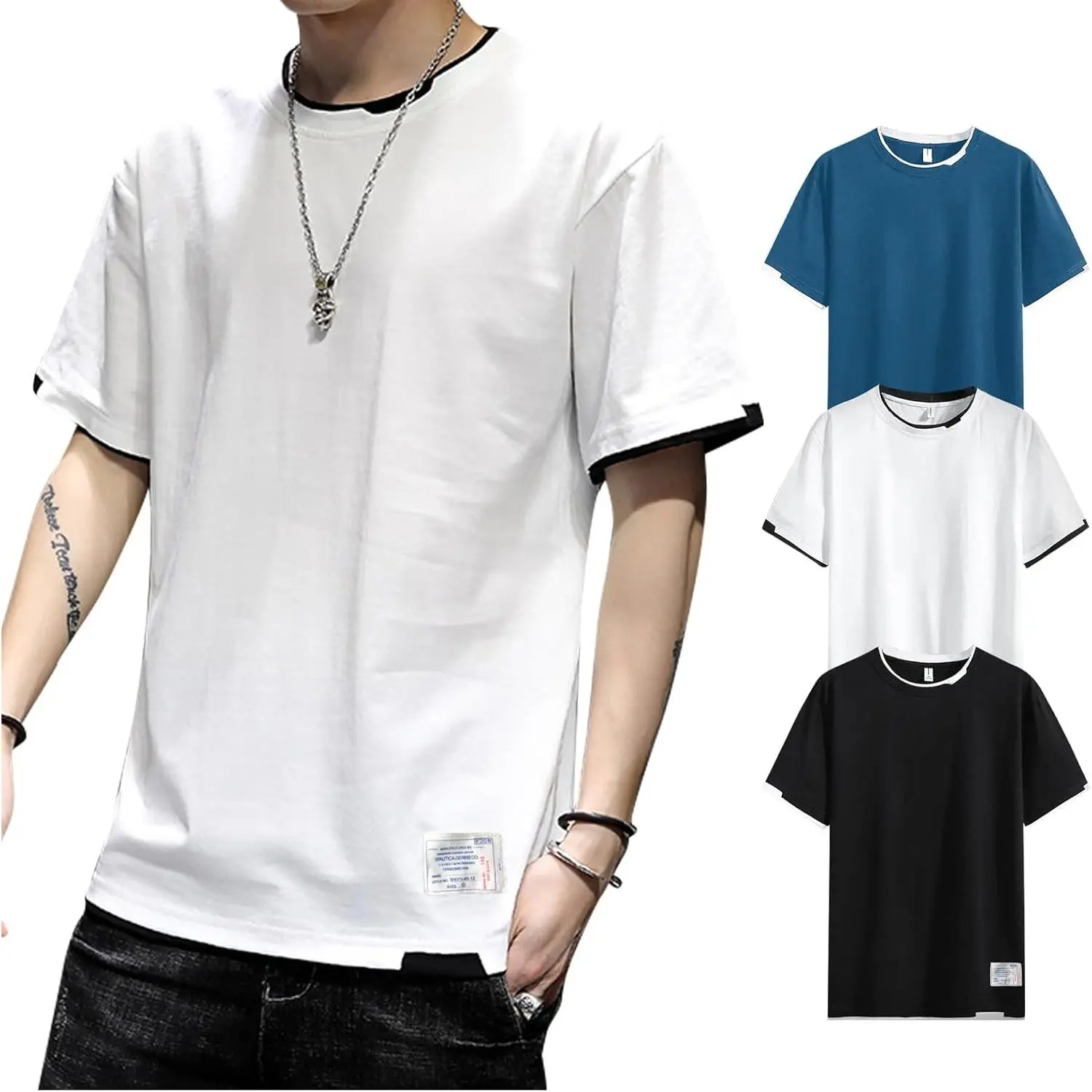 3 Pack Men's Short Sleeve T-Shirt Cotton Crewneck Patchwork Summer Casual Sportswear