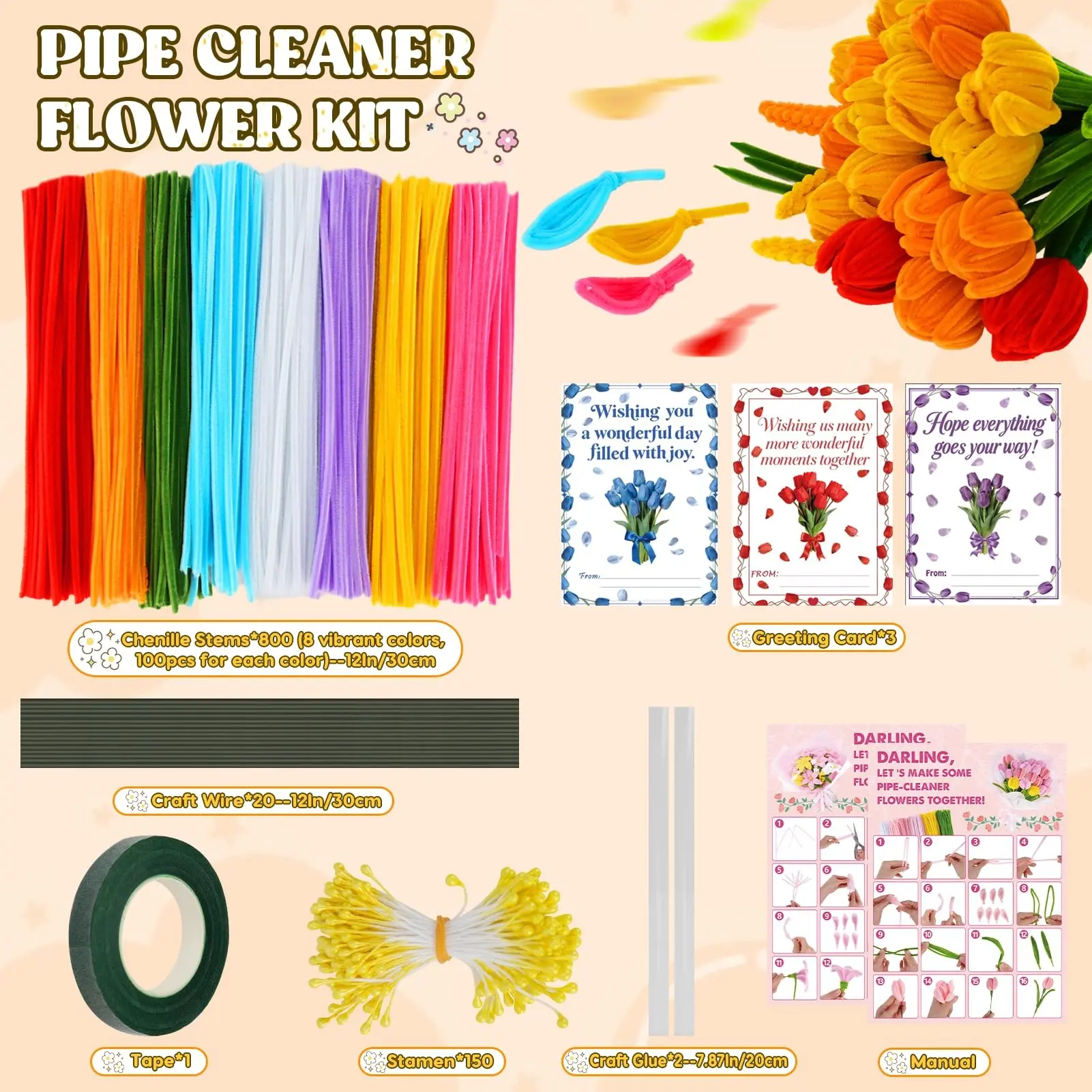 800-Piece Twisty Sticks Flower Making Kit, Includes 8 Colors Thick Fuzzy Strips, Card, Floral Wire, Tape, Petals, DIY Craft Supplies