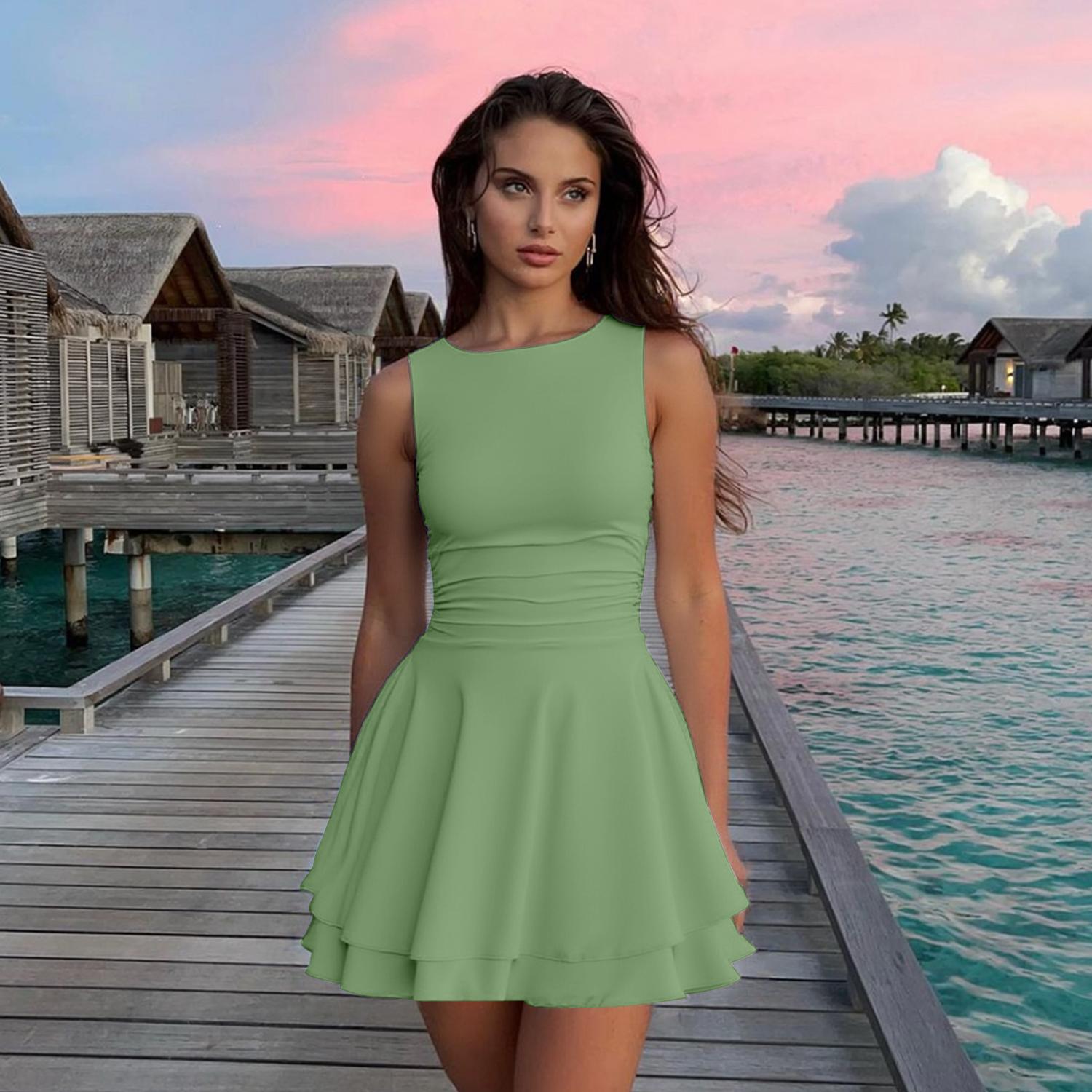 2026 Women'S Casual Mini Dress In Performance Fabric With Tummy Smoothing Ruching A Line Shape Boat Neck Sleeveless Design And Playful Ruffle Hem Great For Spring Break Graduation Homecoming