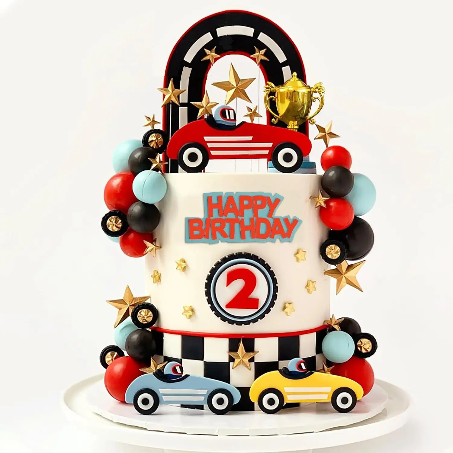 Racing Theme Cake Toppers with Black Red Blue Balls, Trophy, Stars for Racing Birthday Party Decorations