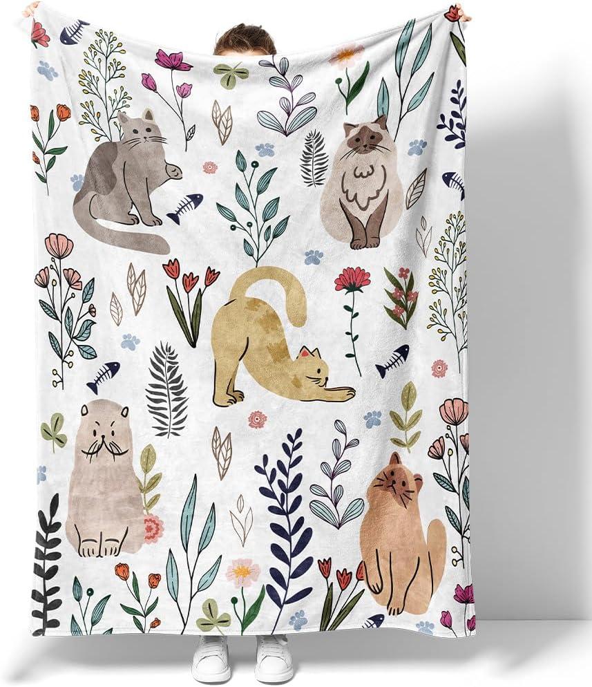 Cat Throw Blanket Floral Flower Blankets Gift for Cat Lover Throw Blanket Cats Themed Flannel Cozy Fuzzy Plush Blankets for Bed Chair Couch 50" X 60"